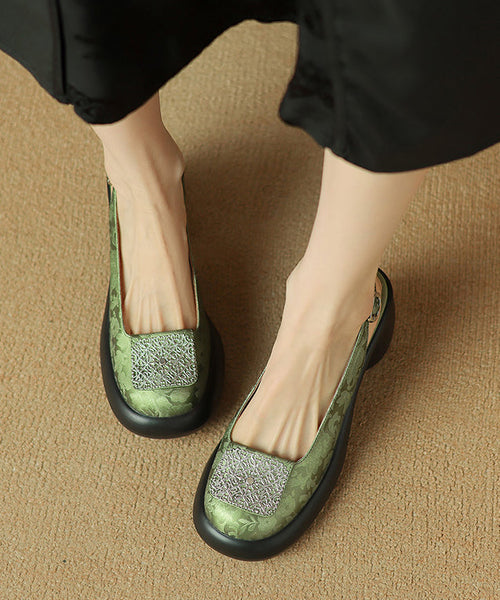 Heel Apricot Retro Splicing Leather Cowhide Chunky Sandals FashionChic