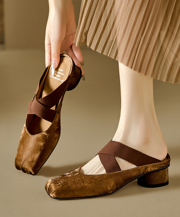 Retro Cross Strap Splicing Chunky Brown Cowhide Leather Slide Sandals RI016 ABC