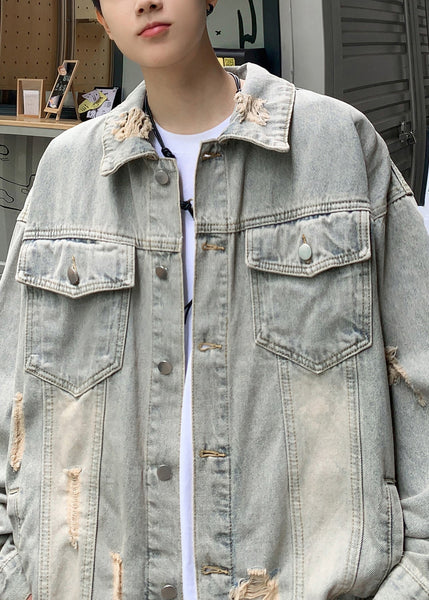 Blue TC036 Hole Denim Retro Mens Denim Pockets Coats Spring Button