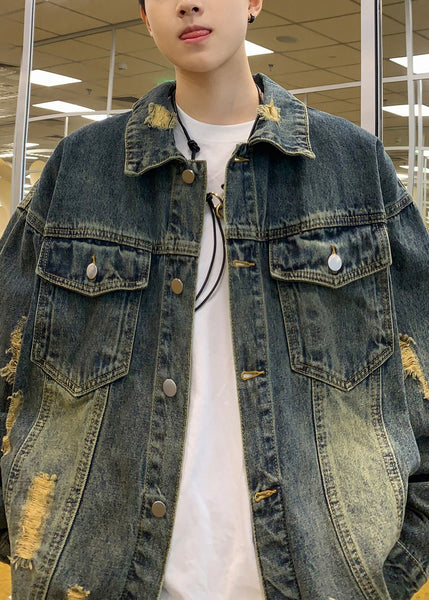 Blue TC036 Hole Denim Retro Mens Denim Pockets Coats Spring Button