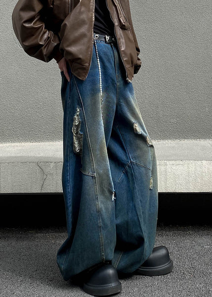 Retro Denim Navy Asymmetrical High Waist Hole Men Pants Fall SA014 Men-casual-MENP240726