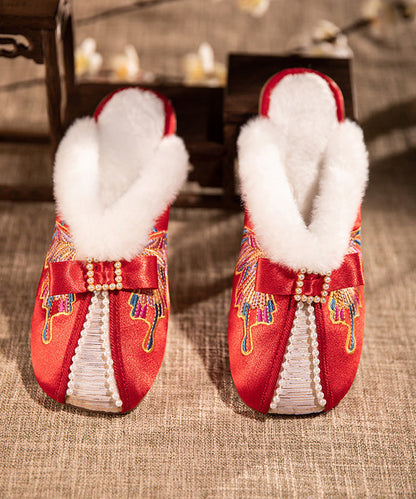 Retro Embroidery Chunky Slippers Shoes White Satin Fuzzy Wool Lined RX027 ABC