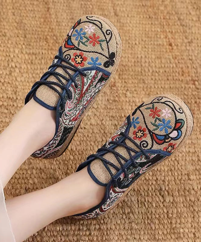 Retro Ethnic Style Embroidered Lace Up Linen Flat Shoes XC1041 Ada Fashion