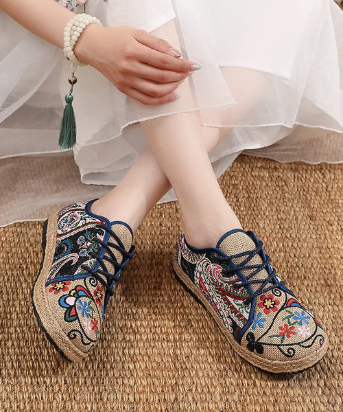 Retro Ethnic Style Embroidered Lace Up Linen Flat Shoes XC1041 Ada Fashion