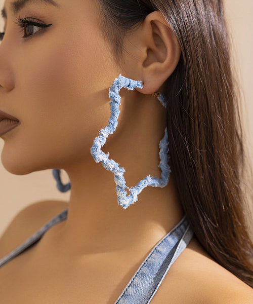 Retro Five Pointed Star Sterling Silver Overgild Denim Print Hoop Earrings ZZ049 JEW-EAR240613