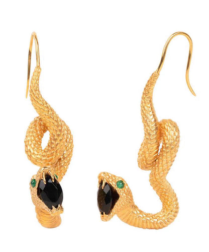 Retro Gold 14K Gold Black Agate Emerald Snakelike Drop Earrings WO009 JEW-EAR241109