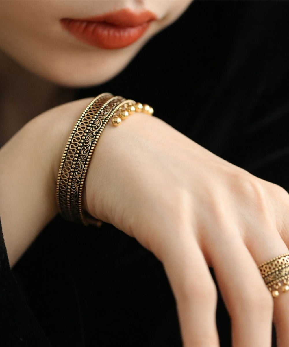 Retro Gold Ancient Dharma Gold Tassel Patchwork Hollow Out Bangle QU025 JEW-BAN241007