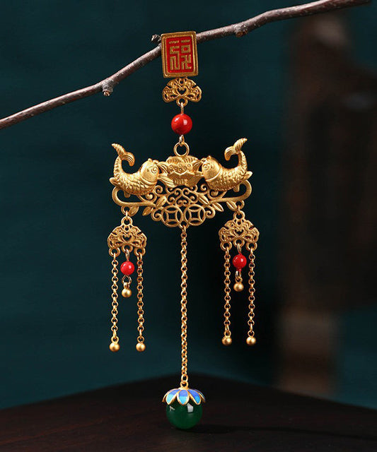 Retro Gold Ancient Gold Jade Agate Ruyi Tassel Brooches KX1089 Ada Fashion