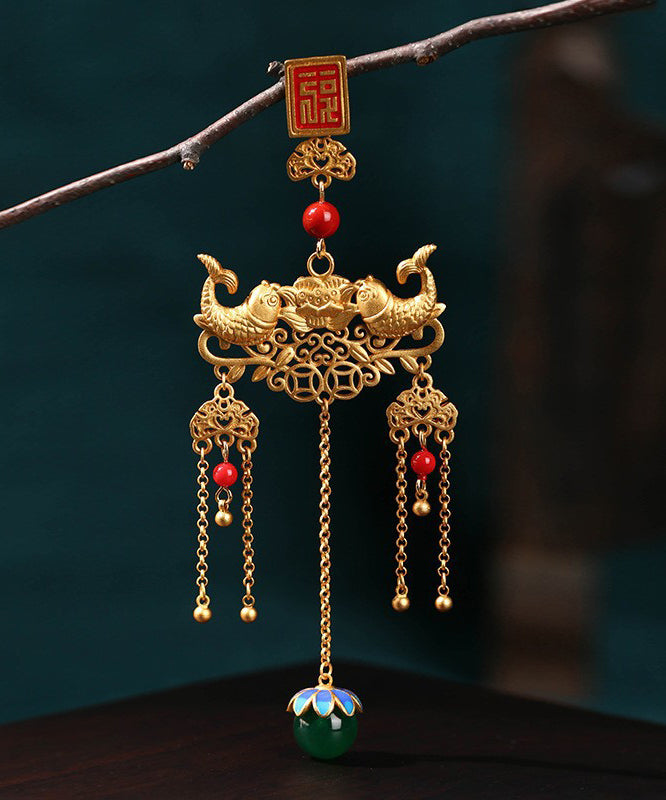 Retro Gold Ancient Gold Jade Agate Ruyi Tassel Brooches KX1089 Ada Fashion