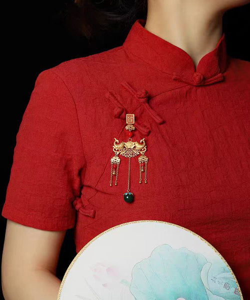 Retro Gold Ancient Gold Jade Agate Ruyi Tassel Brooches KX1089 Ada Fashion