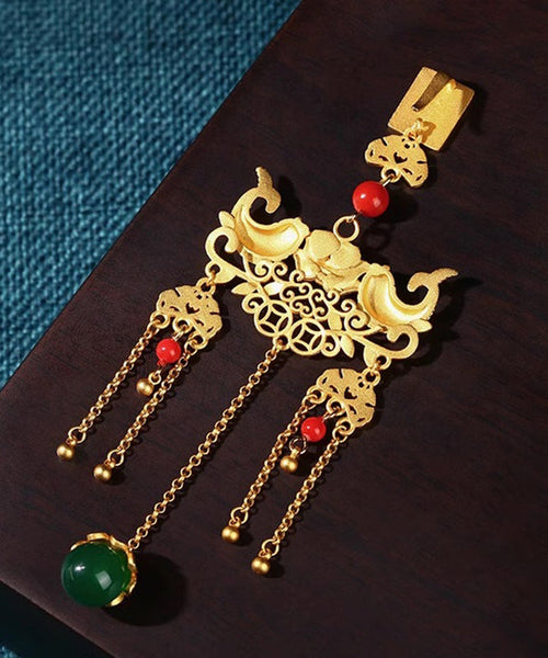Retro Gold Ancient Gold Jade Agate Ruyi Tassel Brooches KX1089 Ada Fashion