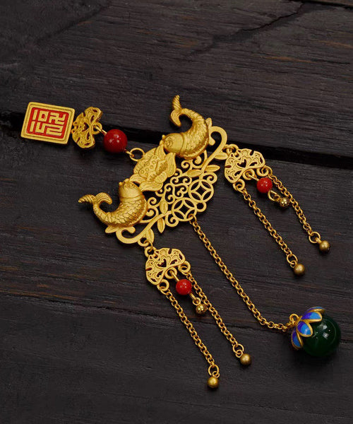 Retro Gold Ancient Gold Jade Agate Ruyi Tassel Brooches KX1089 Ada Fashion