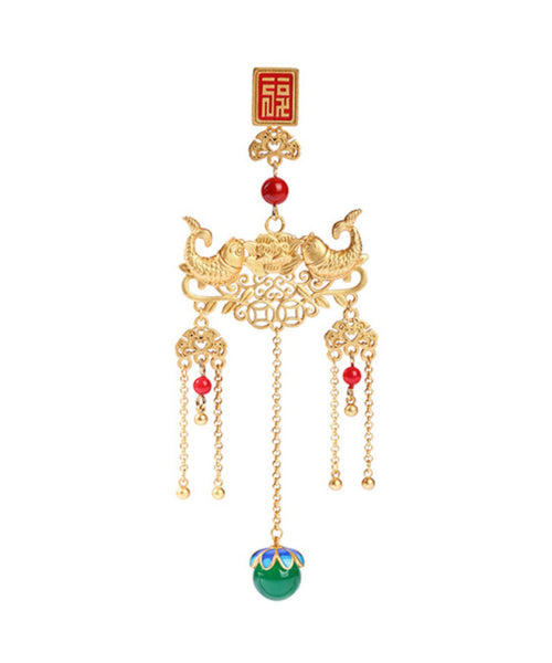 Retro Gold Ancient Gold Jade Agate Ruyi Tassel Brooches KX1089 Ada Fashion