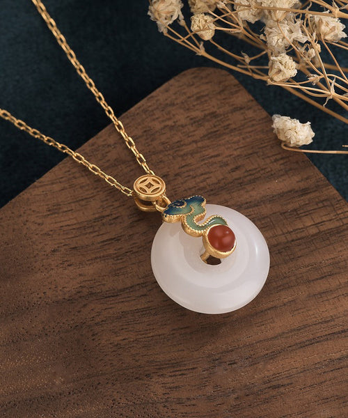 Retro Gold Ancient Gold Jade Ping Buckle Pendant Necklace PO070 JEW-NLC240729
