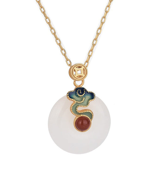 Retro Gold Ancient Gold Jade Ping Buckle Pendant Necklace PO070 JEW-NLC240729