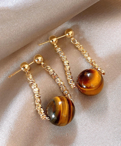 Retro Gold Copper Cat's Eye Stone Wrinkled Hoop Earrings ZZ007 JEW-EAR240613