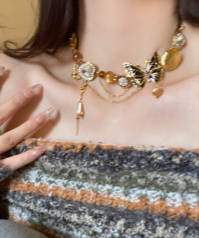 Retro Gold Copper Zircon Crystal Resin Pearl Pendant Necklace YU016 ABC