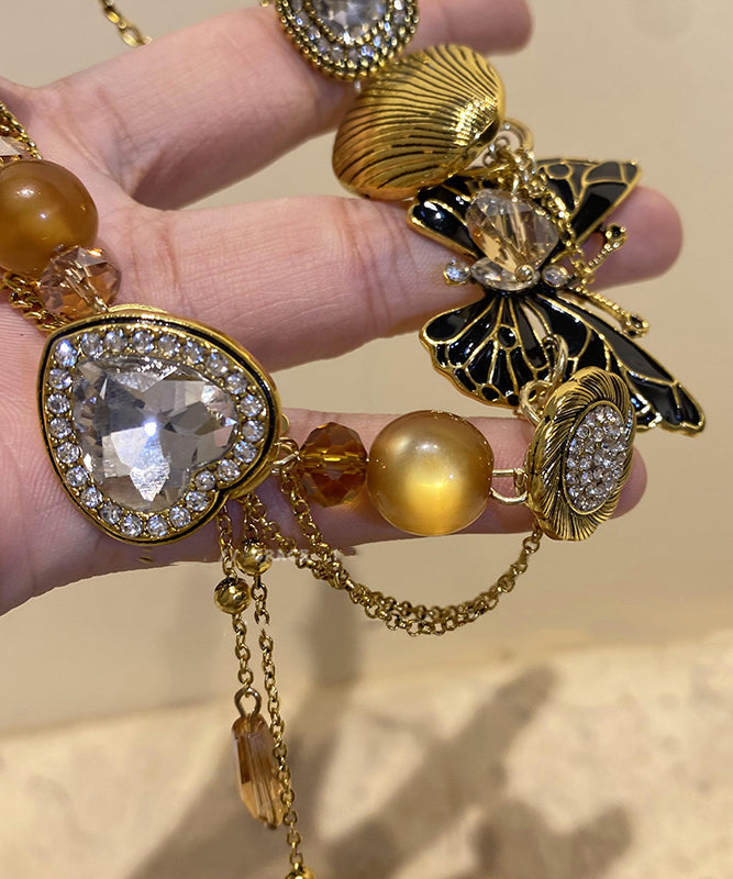 Retro Gold Copper Zircon Crystal Resin Pearl Pendant Necklace YU016 ABC