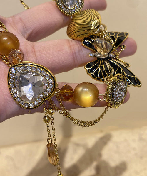 Retro Gold Copper Zircon Crystal Resin Pearl Pendant Necklace YU016 ABC