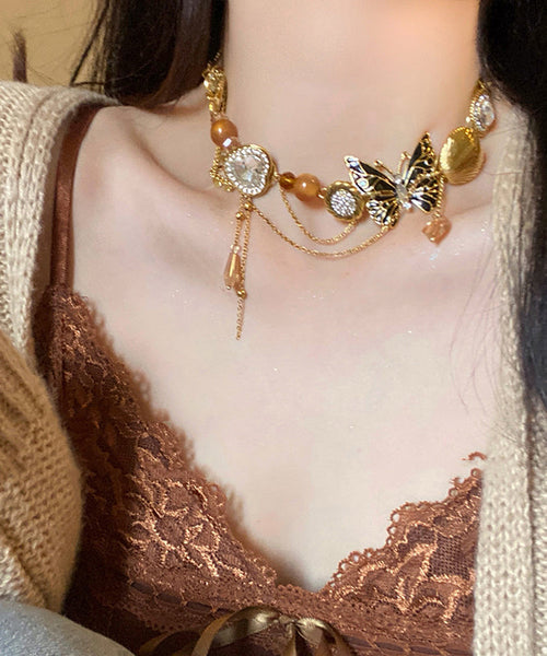 Retro Gold Copper Zircon Crystal Resin Pearl Pendant Necklace YU016 ABC