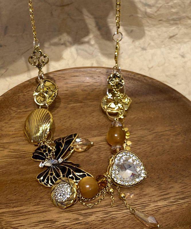 Retro Gold Copper Zircon Crystal Resin Pearl Pendant Necklace YU016 ABC