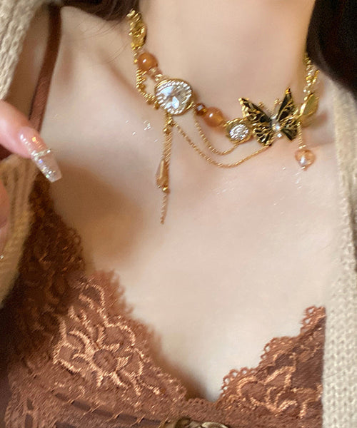 Retro Gold Copper Zircon Crystal Resin Pearl Pendant Necklace YU016 ABC