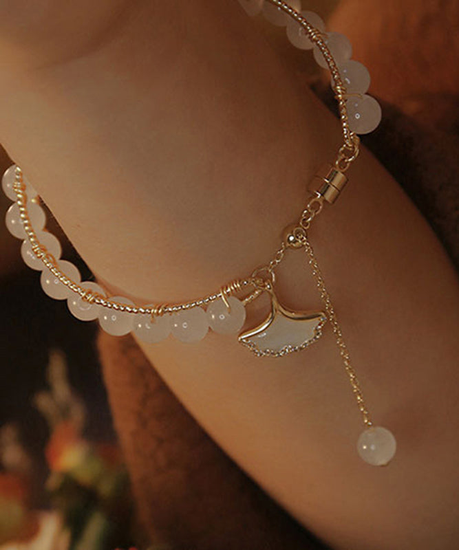 Retro Gold Sterling Silver Alloy Ginkgo Leaves Beading Tassel Charm Bracelet WF018 JEW-BRA241111