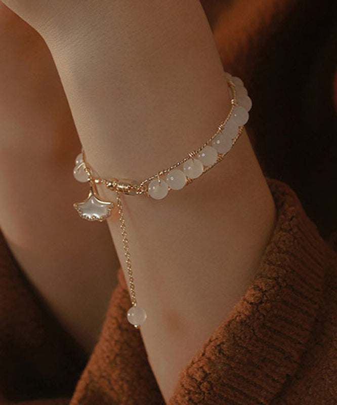 Retro Gold Sterling Silver Alloy Ginkgo Leaves Beading Tassel Charm Bracelet WF018 JEW-BRA241111