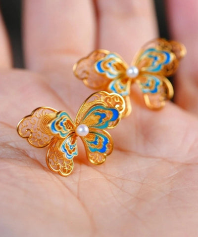 Overgild Butterfly Pearl Gold Stud Retro Enamel Silver Sterling FashionChic