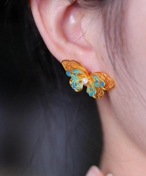 Overgild Butterfly Pearl Gold Stud Retro Enamel Silver Sterling FashionChic