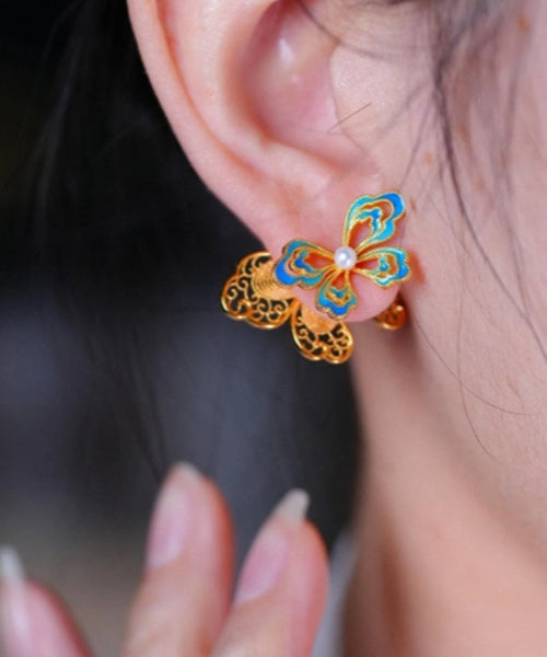 Overgild Butterfly Pearl Gold Stud Retro Enamel Silver Sterling FashionChic