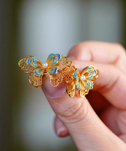 Overgild Butterfly Pearl Gold Stud Retro Enamel Silver Sterling FashionChic