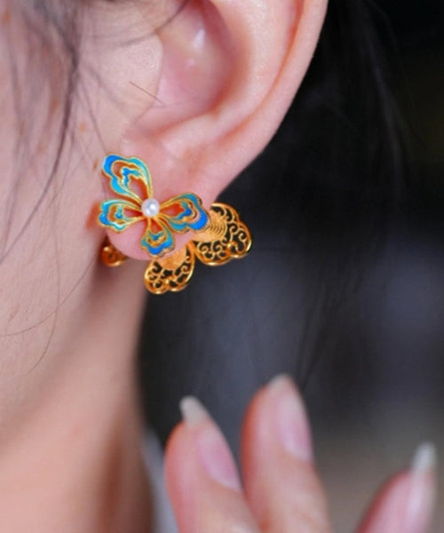 Overgild Butterfly Pearl Gold Stud Retro Enamel Silver Sterling FashionChic