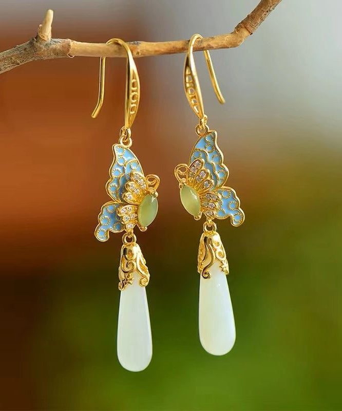 Retro Gold Sterling Silver Overgild Jade Enamel Butterfly Water Drop Drop Earrings AC1056 Genistyle Shop