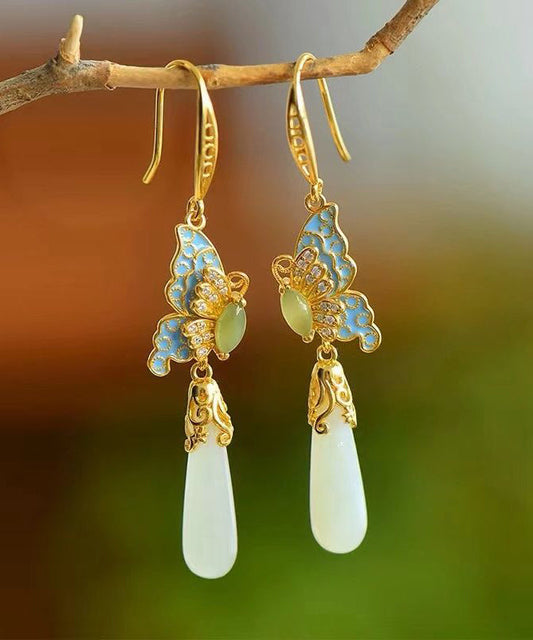 Retro Gold Sterling Silver Overgild Jade Enamel Butterfly Water Drop Drop Earrings AC1056 Genistyle Shop