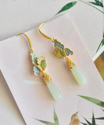 Retro Gold Sterling Silver Overgild Jade Enamel Butterfly Water Drop Drop Earrings AC1056 Genistyle Shop