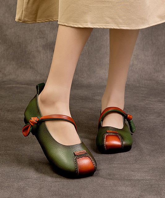 Shoes Buckle Leather Splicing Cowhide Flat Feet Retro Green Strap FashionChic
