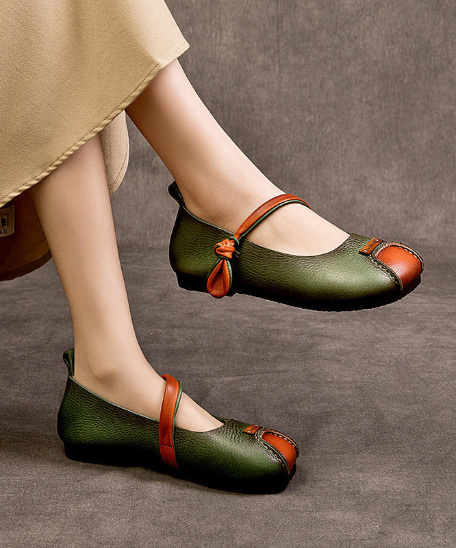 Shoes Buckle Leather Splicing Cowhide Flat Feet Retro Green Strap FashionChic