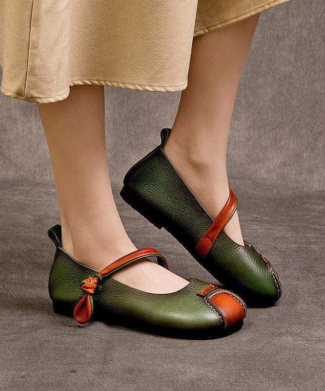 Shoes Buckle Leather Splicing Cowhide Flat Feet Retro Green Strap FashionChic