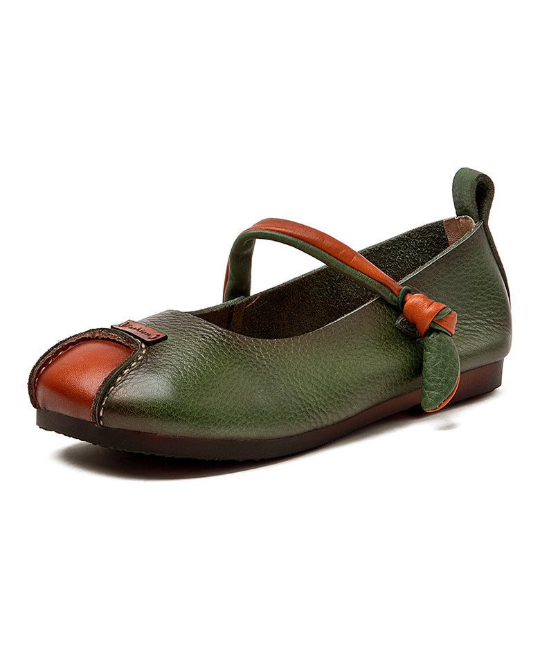 Shoes Buckle Leather Splicing Cowhide Flat Feet Retro Green Strap FashionChic