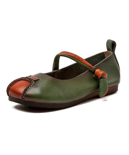 Shoes Buckle Leather Splicing Cowhide Flat Feet Retro Green Strap FashionChic