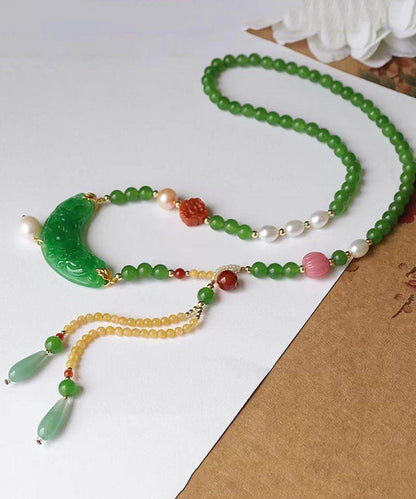 Retro Green Jade Agate Pearl Coloured Glaze Tassel Pendant Necklace KX1027 Ada Fashion