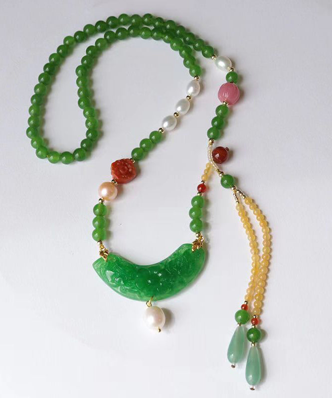 Retro Green Jade Agate Pearl Coloured Glaze Tassel Pendant Necklace KX1027 Ada Fashion