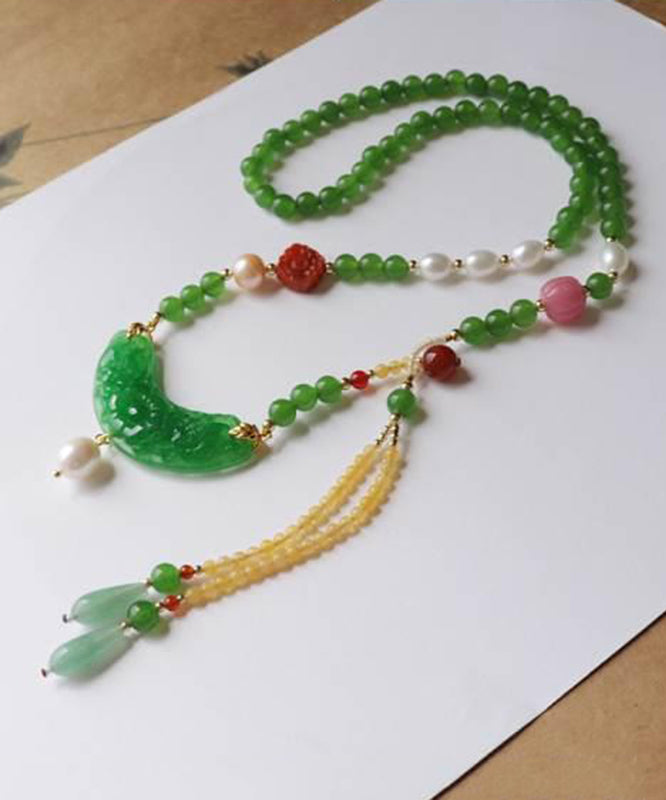 Retro Green Jade Agate Pearl Coloured Glaze Tassel Pendant Necklace KX1027 Ada Fashion