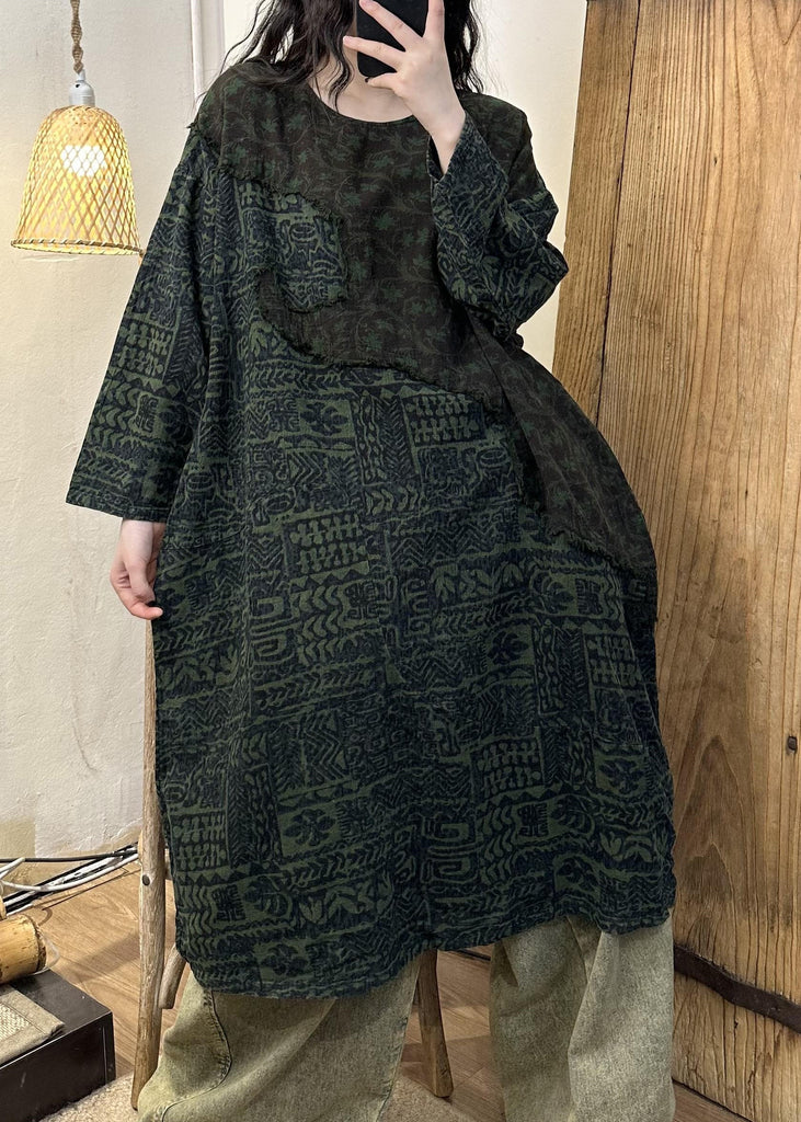 Retro Green Patchwork Print Long Dress Long Sleeve VB1075 Ada Fashion