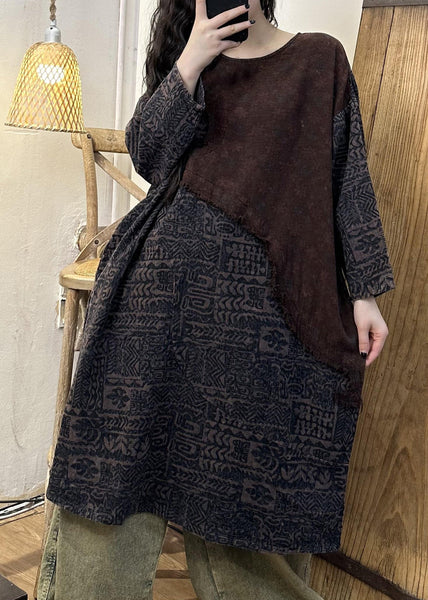 Retro Green Patchwork Print Long Dress Long Sleeve VB1075 Ada Fashion