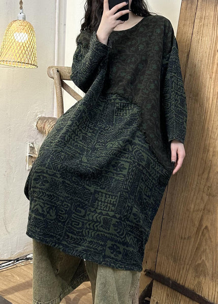 Retro Green Patchwork Print Long Dress Long Sleeve VB1075 Ada Fashion
