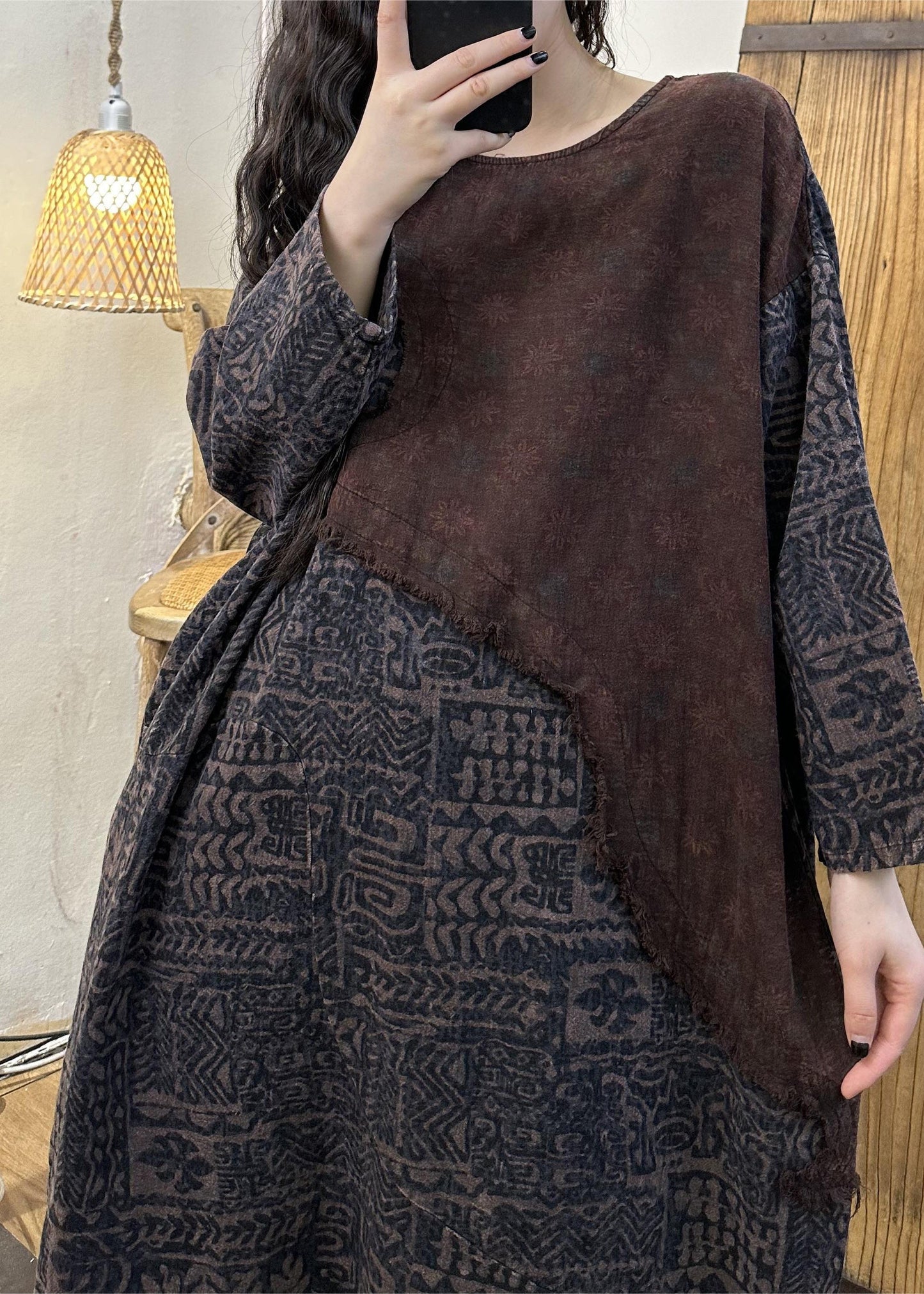 Retro Green Patchwork Print Long Dress Long Sleeve VB1075 Ada Fashion