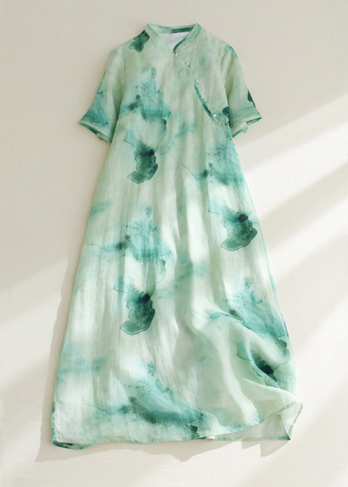 Retro Green Print Button Maxi Dresses Summer VV023 HS-SDL240627