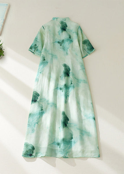 Retro Green Print Button Maxi Dresses Summer VV023 HS-SDL240627